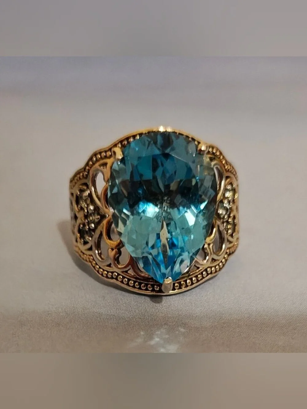 Art Deco Sterling Silver HUGE Teardrop Blue Topaz Filigree Statement Ring
